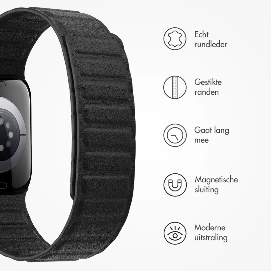 Accezz Magnetisch Lederen Bandje Apple Watch - 44/45/46/49mm - Zwart