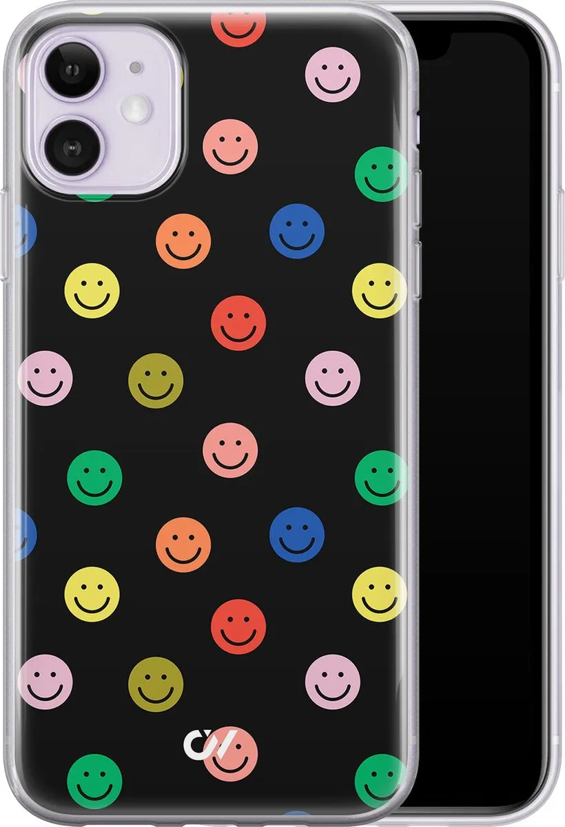 Casevibes Hoesje iPhone 11 Retro Smileys - Zwart - A/11/UV/054