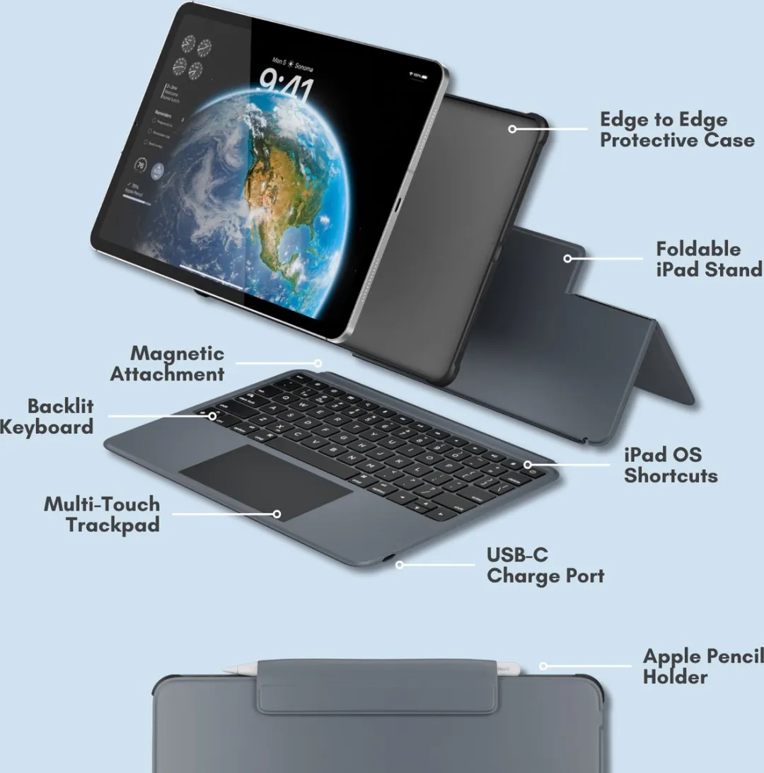 Macally IPKBCASEP11 Toetsenbord Folio Hoes - 11" iPad Pro (2024) - Donker grijs