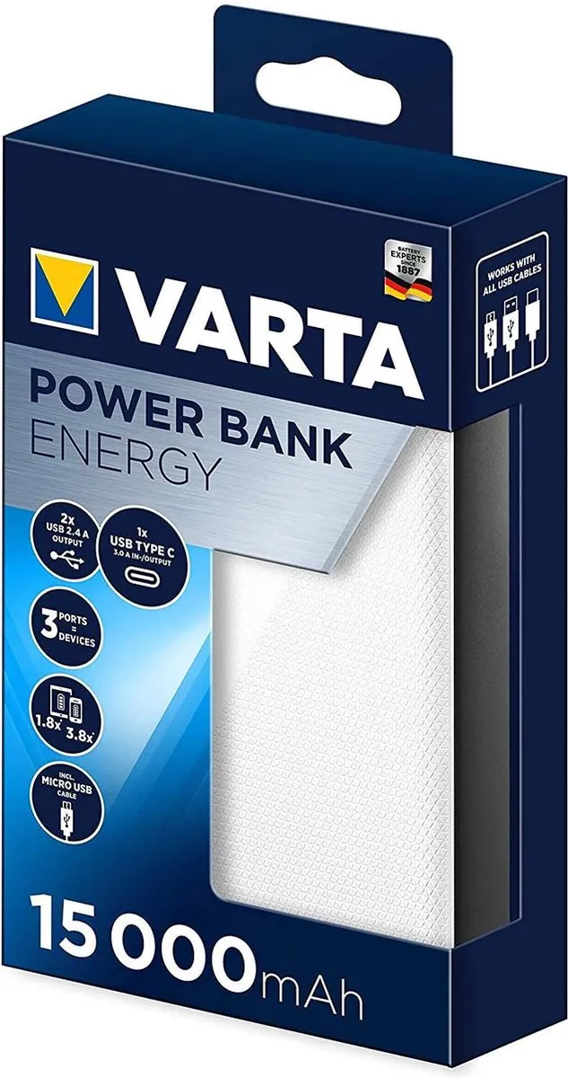Varta Power Bank 15000mAh 57977101111 - 3 Outputs - Wit/Zwart