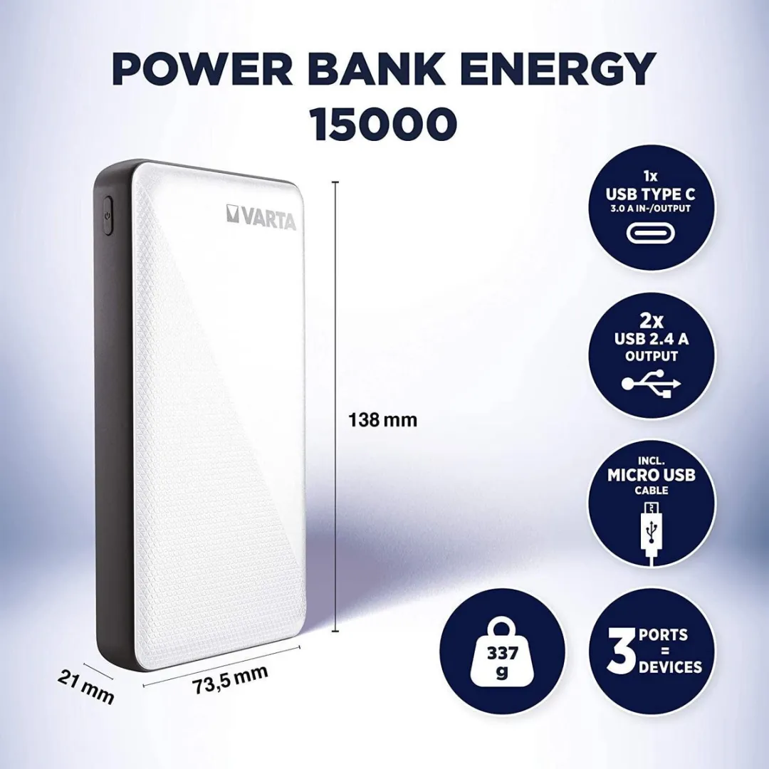 Varta Power Bank 15000mAh 57977101111 - 3 Outputs - Wit/Zwart - afbeelding 6 van 6