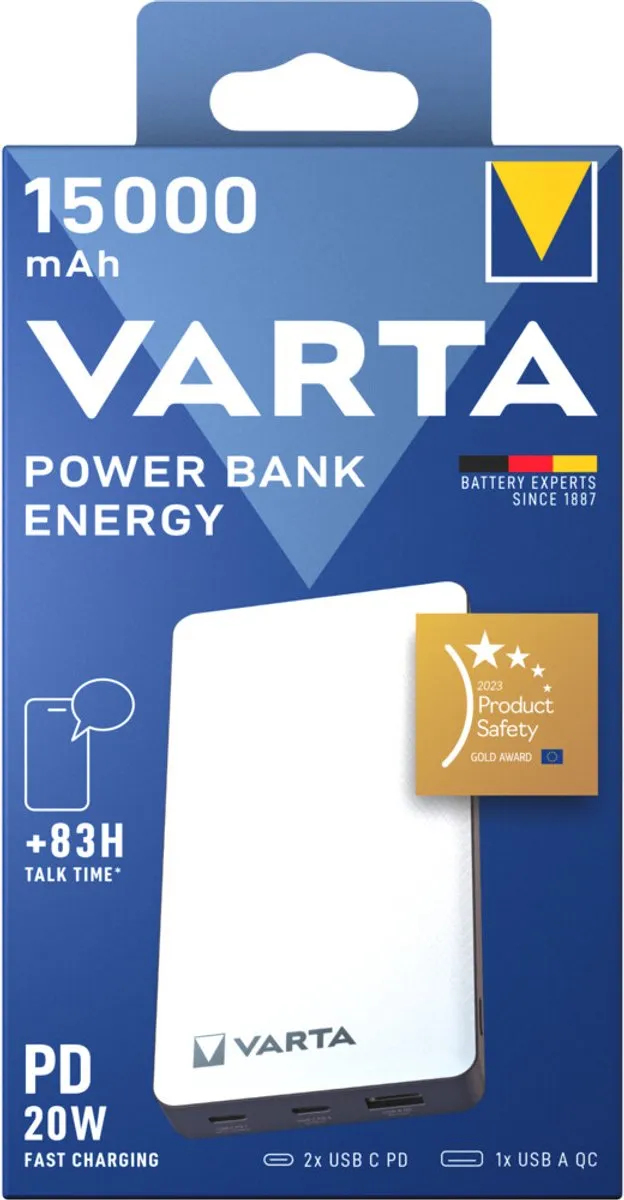 Varta Power Bank 15000mAh 57977101111 - 3 Outputs - Wit/Zwart