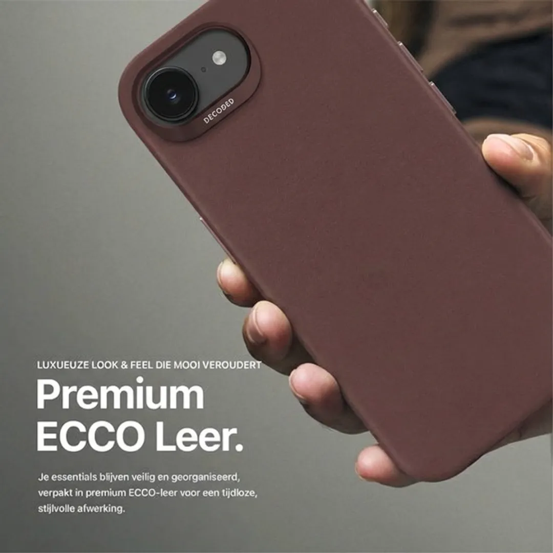 DECODED Leren Hoesje voor iPhone 17e/16e - Premium ECCO Leer - Geschikt voor MagSafe - Draadloos Oplaadbaar - Schokbestendig Hoes - Bruin