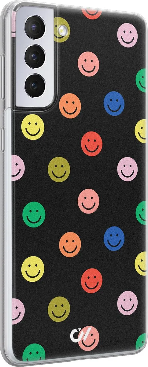 Casevibes Samsung Galaxy S21 Hoesje - Retro Smileys - Zwart