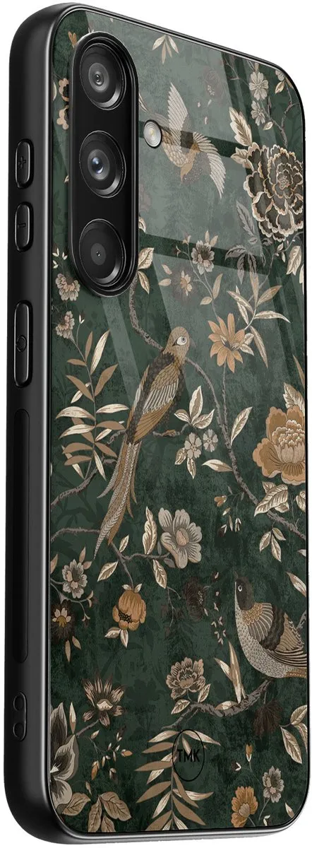Casevibes Samsung Galaxy S24 Hoesje - Groen Khaki Golden Flowers - afbeelding 2 van 3