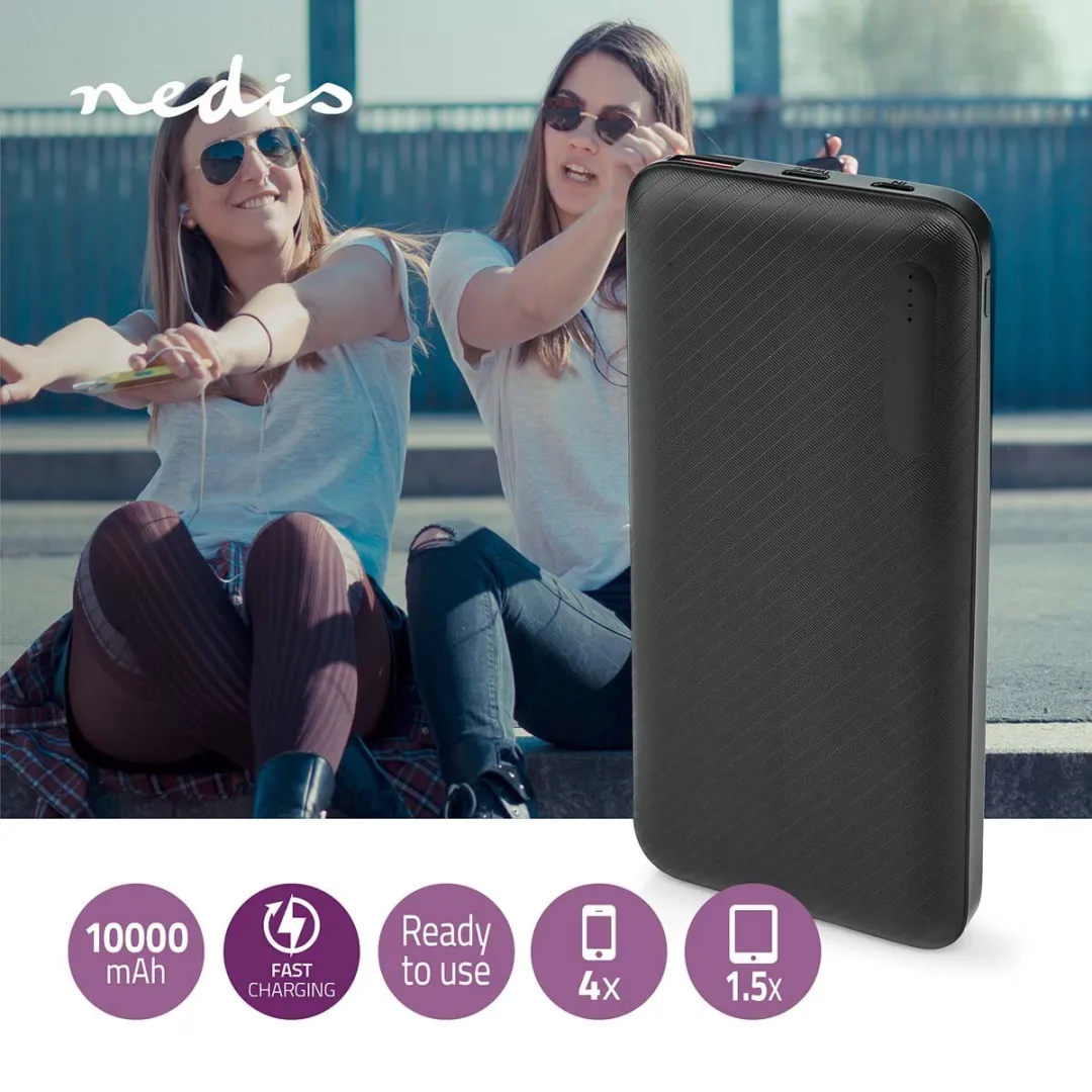 Nedis UPBKPD10000BK Powerbank 10000mAh - 18W - USB-A & USB-C - Zwart