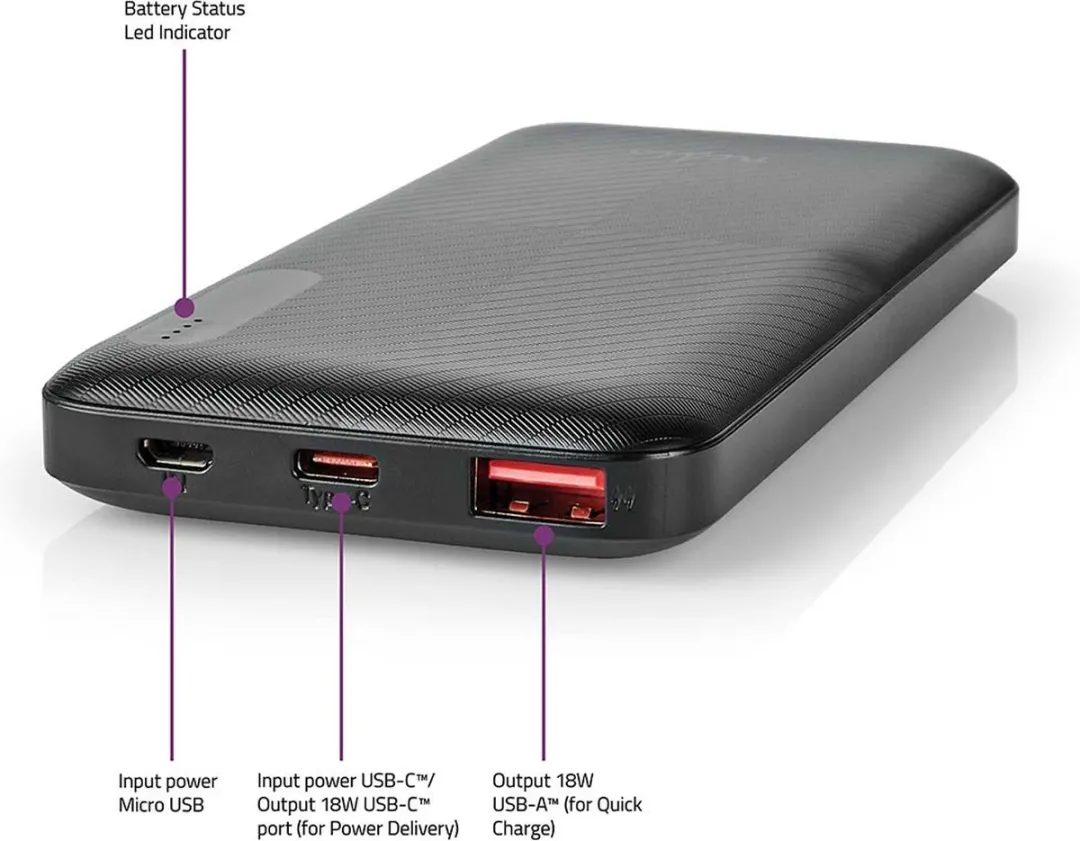 Nedis UPBKPD10000BK Powerbank 10000mAh - 18W - USB-A & USB-C - Zwart