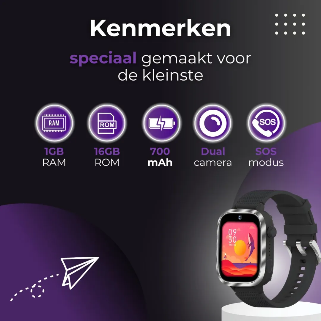 CosmoToys® Smartwatch Kinderen - Incl. Simkaart - 4G - GPS Horloge - Kinder Smartwatch - Tracker - Android - Kinderhorloge Jongen & Meisje - Videobellen - Camera - Zwart