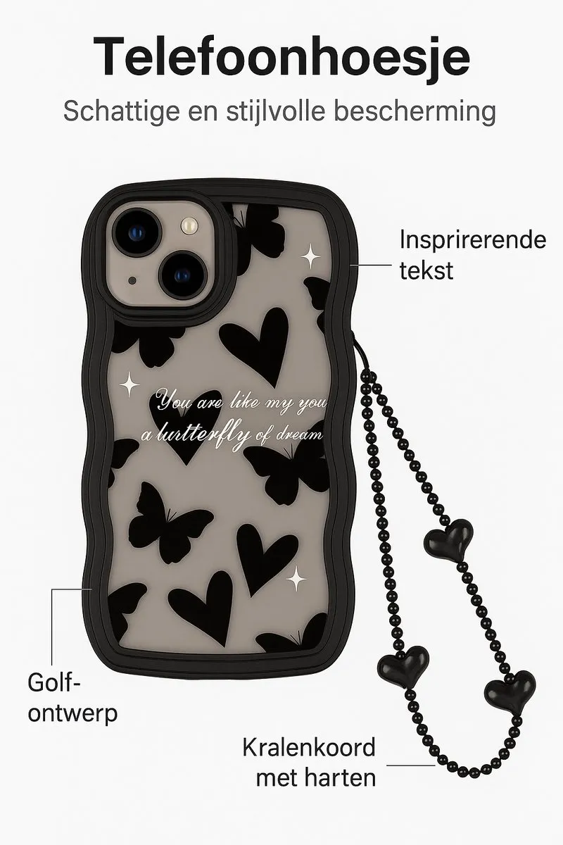 NUVEX Golvend Hoesje iPhone 12 Pro Max - Hartjes & Vlinders Patroon - Zwart