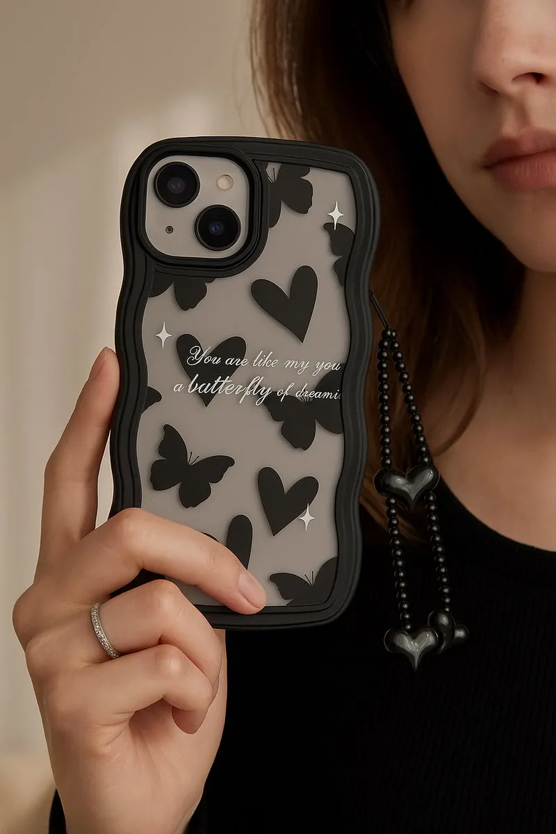 NUVEX Golvend Hoesje iPhone 12 Pro Max - Hartjes & Vlinders Patroon - Zwart