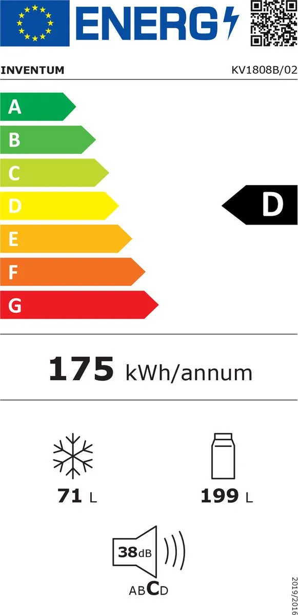 Inventum KV1808B No Frost energiezuinige koel-vriescombinatie - 180 cm hoog - 270 liter - Superkoelen - Supervriezen - Energielabel D - Vrijstaand - Zwart