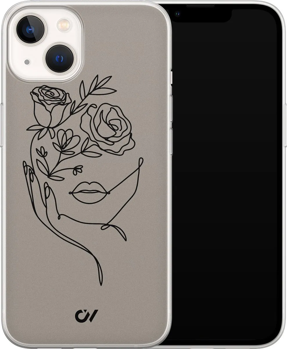 Casevibes iPhone 13 Hoesje Oneline Face Flower - Grijs - A/13/UV/059