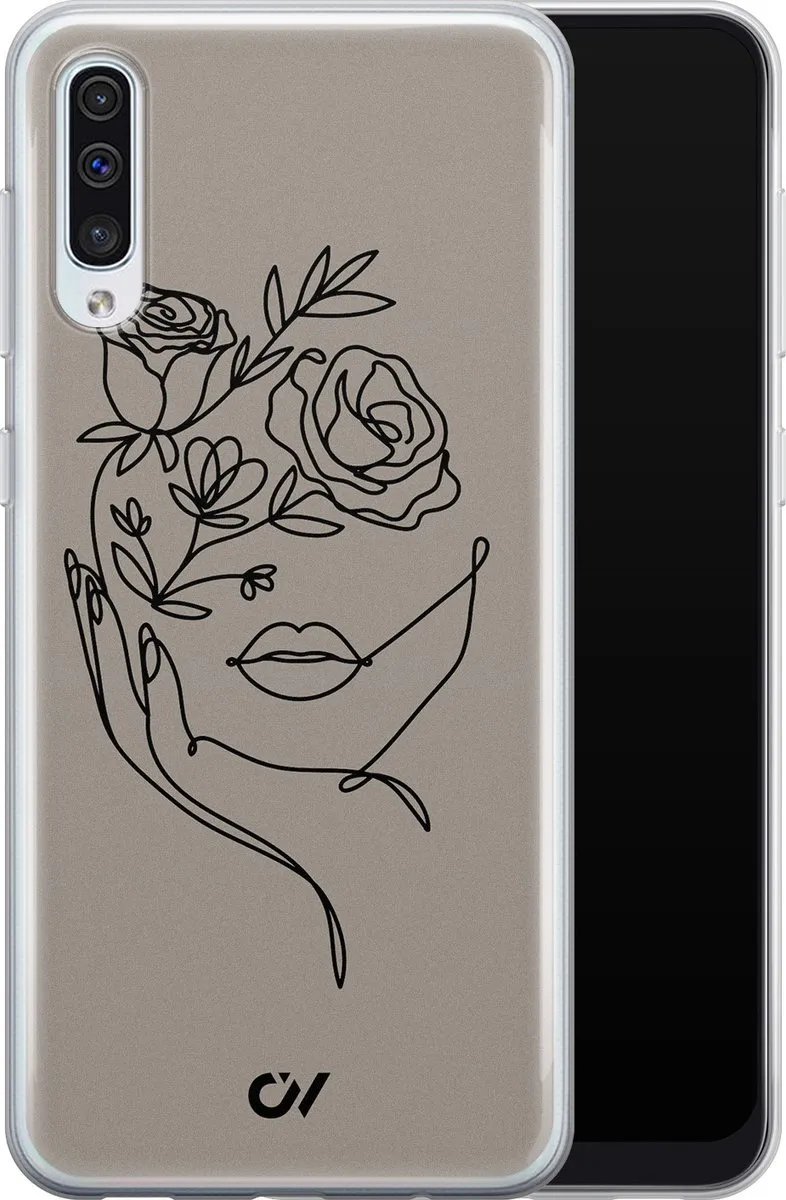 Casevibes Galaxy A50 Oneline Face Flower Hoesje - Grijs