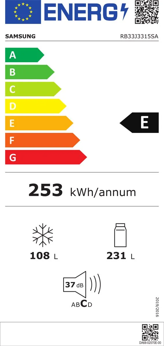 Samsung RB33J3315SA Koelkast - 328L - 4 Plateaus - 1 Groentelade