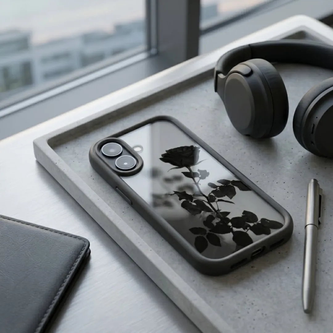 NUVEX iPhone 17 Hoesje - Zwart Transparant - Roos Print