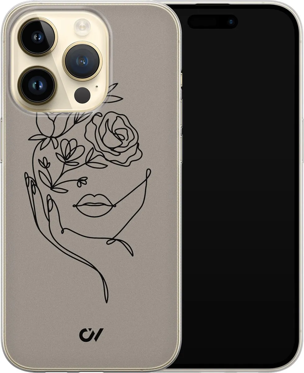 Casevibes Hoesje iPhone 14 Pro A/14P/UV/059 - Grijs Oneline Face Flower
