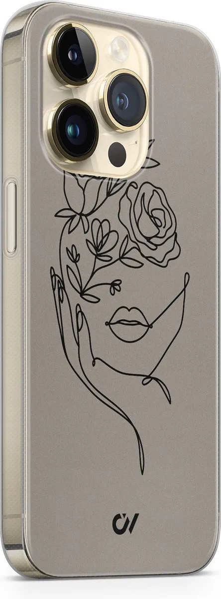 Casevibes Hoesje iPhone 14 Pro A/14P/UV/059 - Grijs Oneline Face Flower