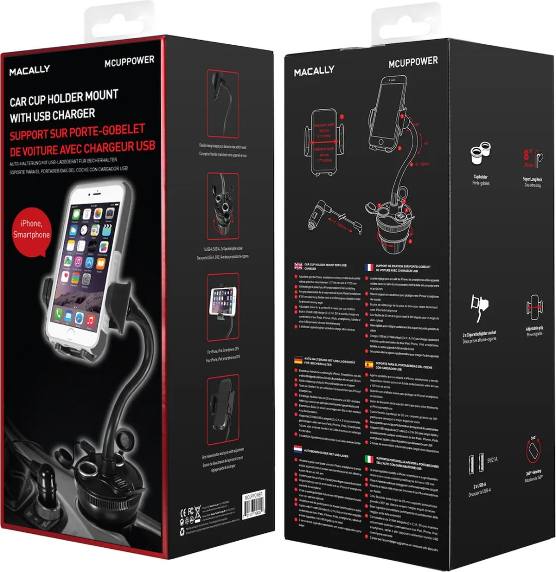 Macally MCUPPOWER Autohouder 21W USB - 2x USB-A - Zwart