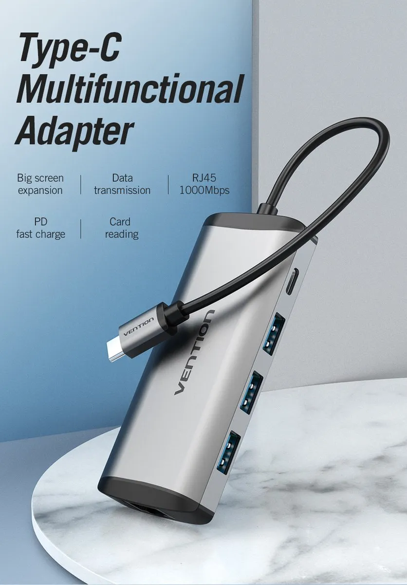 Vention CNDHB USB-C Hub - 1x HDMI, 3x USB3.0, Ethernet, SD/TF, PD - Zilver - afbeelding 6 van 6