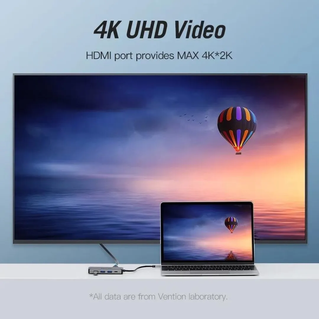 Vention CNDHB USB-C Hub - 1x HDMI, 3x USB3.0, Ethernet, SD/TF, PD - Zilver - afbeelding 5 van 6