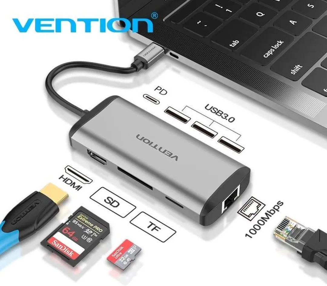 Vention CNDHB USB-C Hub - 1x HDMI, 3x USB3.0, Ethernet, SD/TF, PD - Zilver - afbeelding 4 van 6