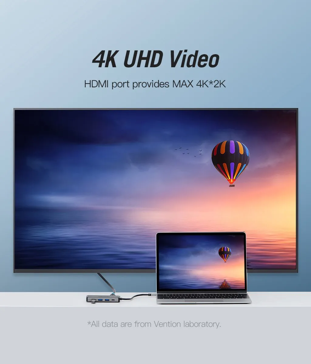 Vention CNDHB USB-C Hub - 1x HDMI, 3x USB3.0, Ethernet, SD/TF, PD - Zilver - afbeelding 3 van 6