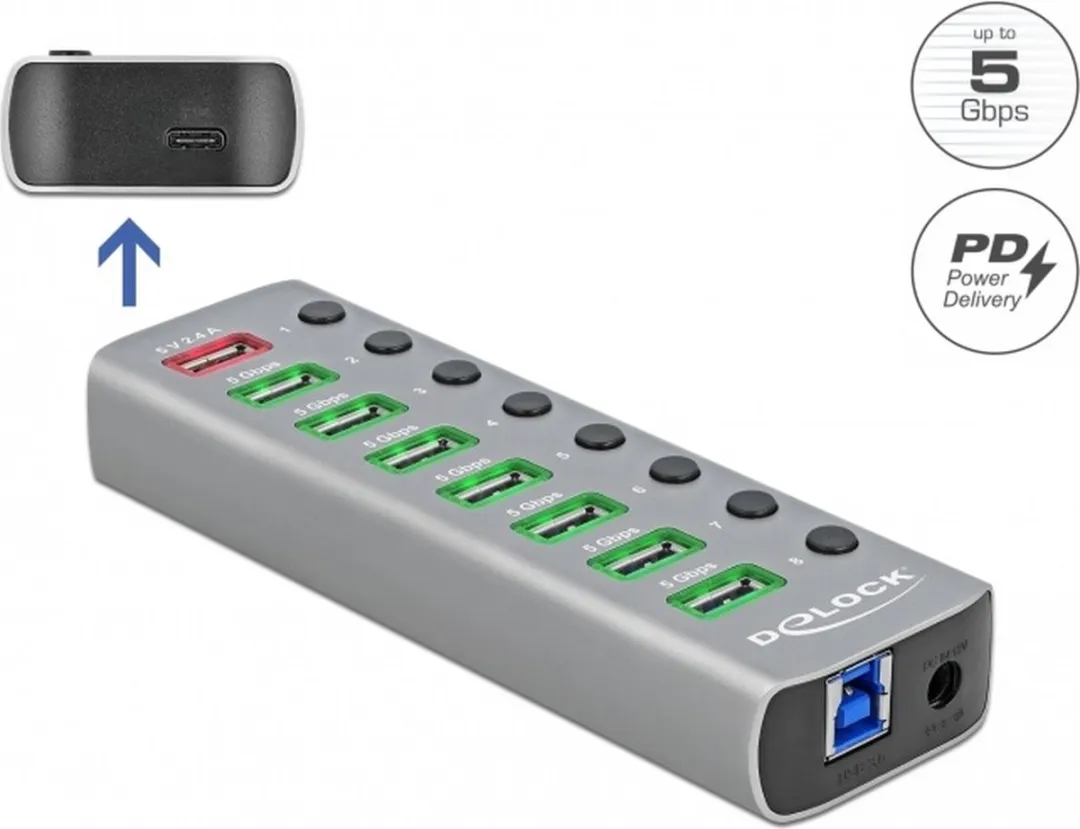 Delock USB Hub 63264 - 9 Poorten - USB 3.0 - 27W PD - Grijs