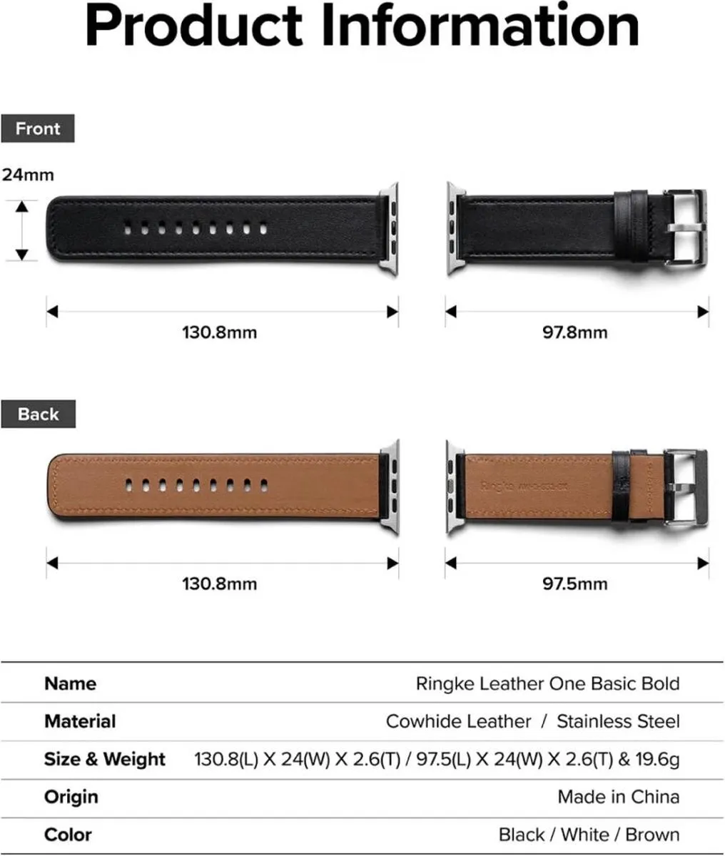 Ringke Leather One Basic Bold Horlogeband - Apple Watch 1-10/SE/Ultra - Bruin