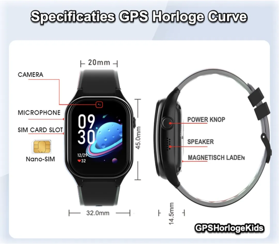 GPSHorlogeKids Curve Smartwatch - 4G Videobellen - Zwart