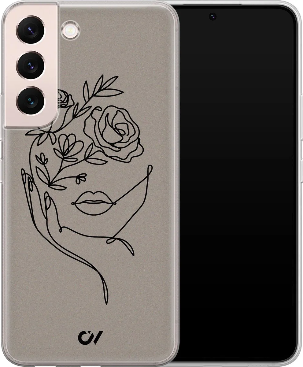 Casevibes Samsung Galaxy S22 Hoesje - Oneline Face Flower - Grijs