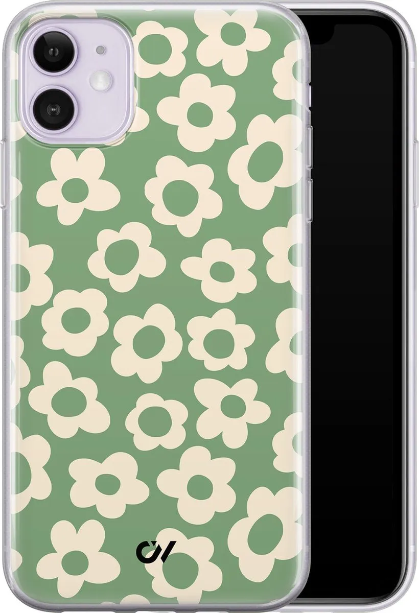 Casevibes iPhone 11 Hoesje A/11/UV/020 - Groen Retro Cute Flowers