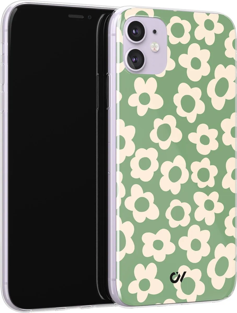 Casevibes iPhone 11 Hoesje A/11/UV/020 - Groen Retro Cute Flowers