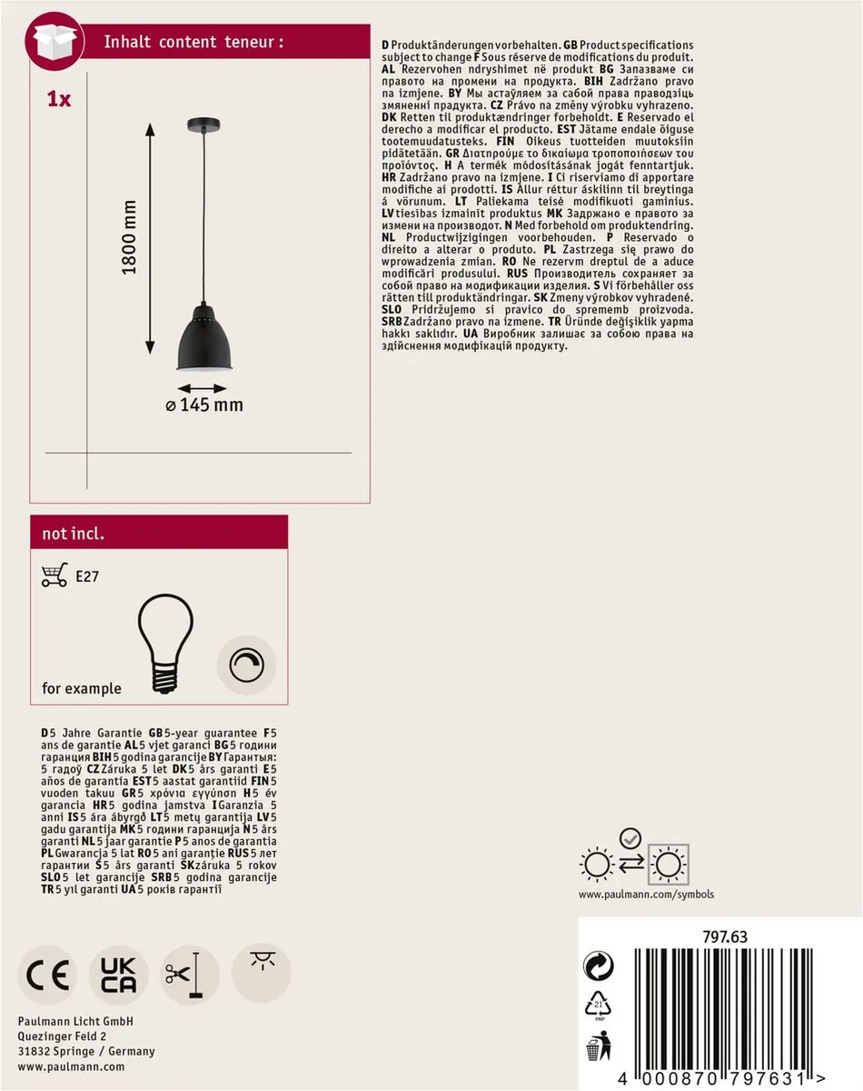 Paulmann Neordic Hanglamp Hilla E27 40W - Zwart - afbeelding 6 van 6