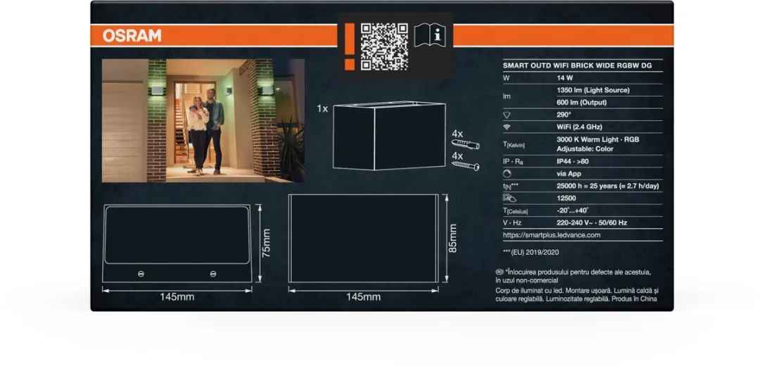 Osram SMART+ WiFi Brick Brede Wandlamp 14W RGB+W - Donkergrijs
