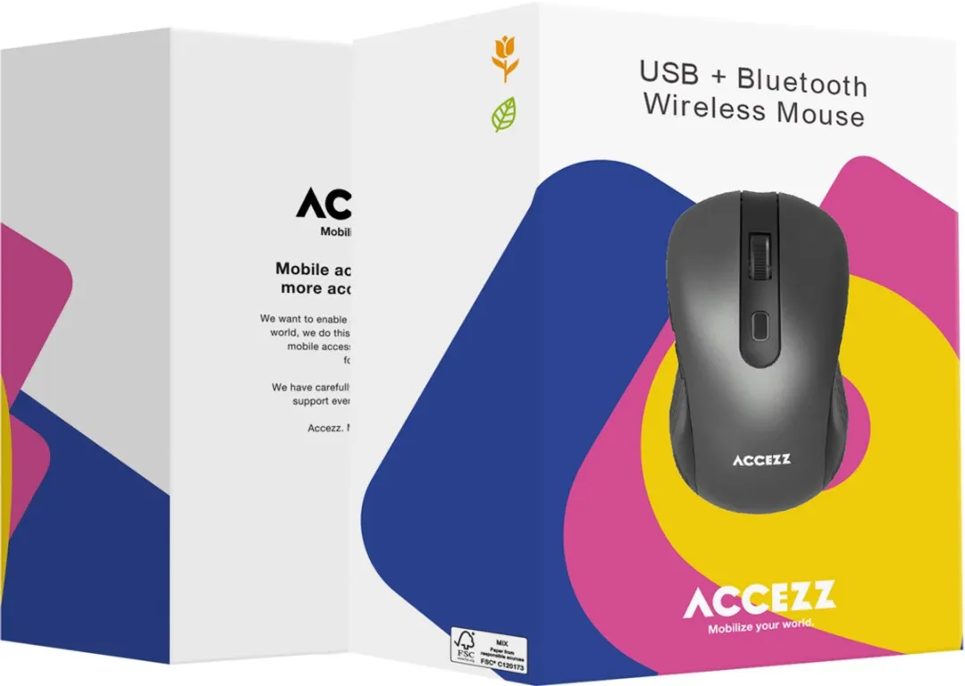 Accezz SH00075204 Draadloze Muis - Bluetooth/USB-A - 3 Knoppen - Grijs