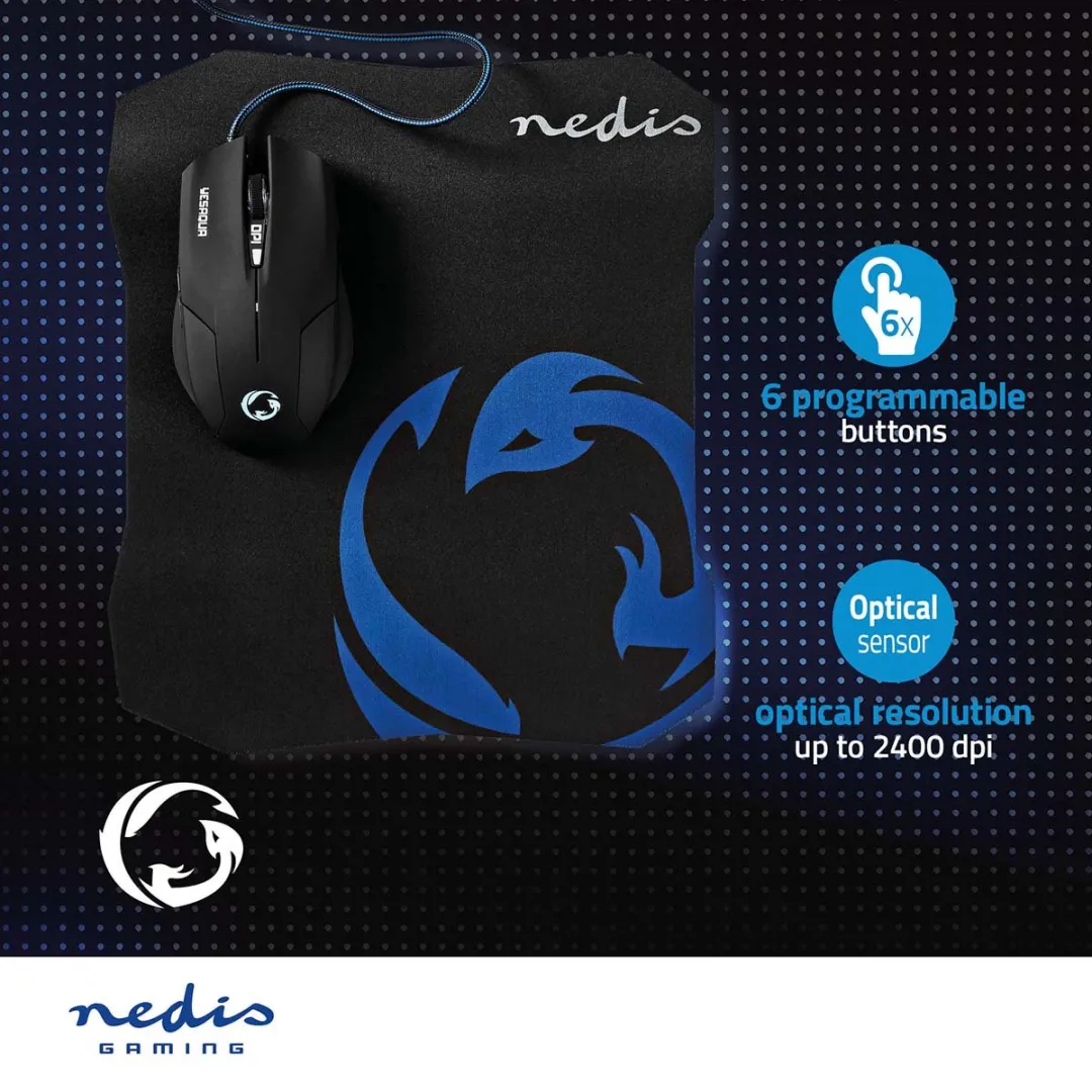 Nedis GMMP100BK Gaming Muis - Bedraad - 2400 DPI - Zwart