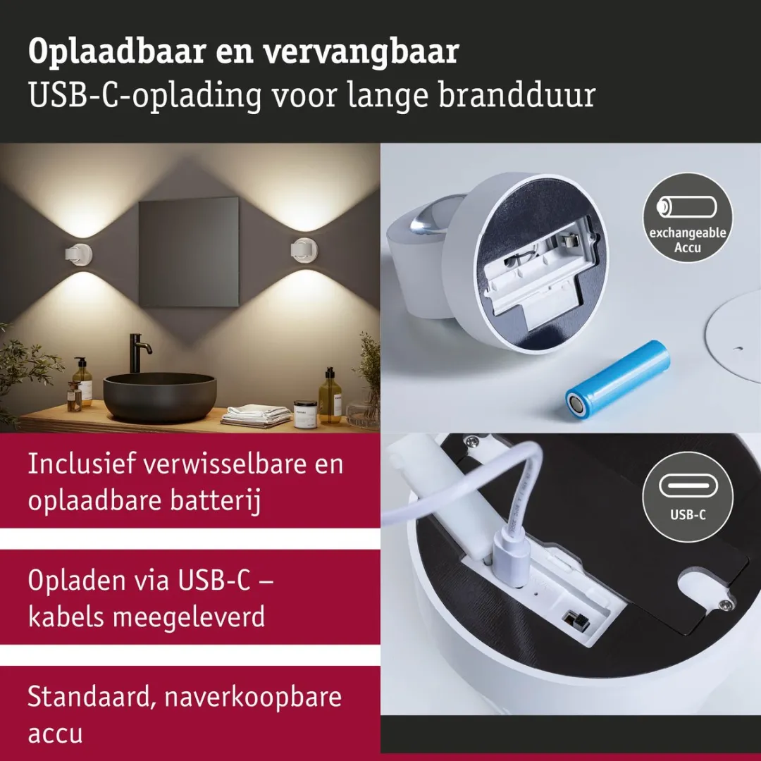 Paulmann Zorik LED Wandlamp IP44 - 2x1,1W 2700K - Oplaadbaar Wit
