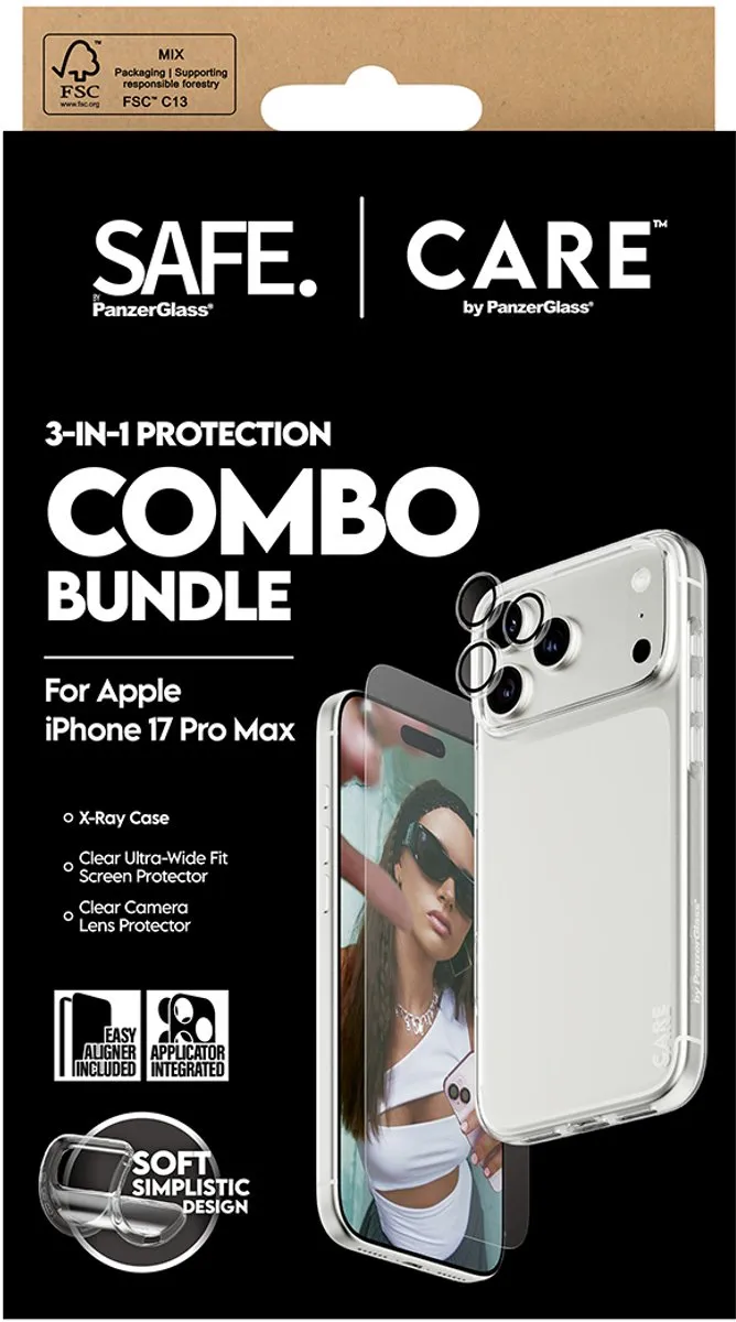 PanzerGlass SAFE. CARE 3-in-1 Combo iPhone 17 Pro Max - Schermhoes & Lens
