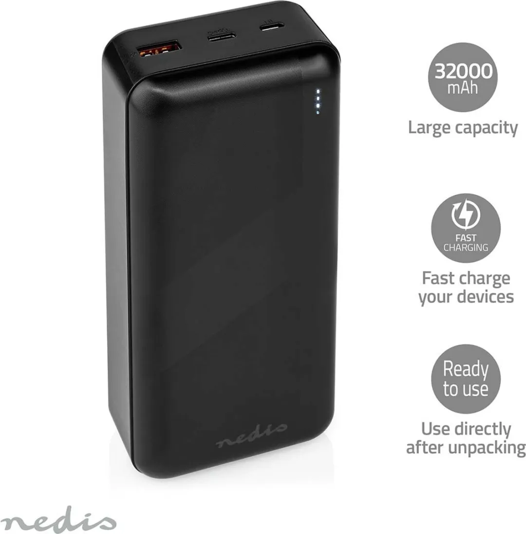 Nedis Powerbank 65W 32.000mAh - USB-C/USB-A - Zwart - afbeelding 6 van 6