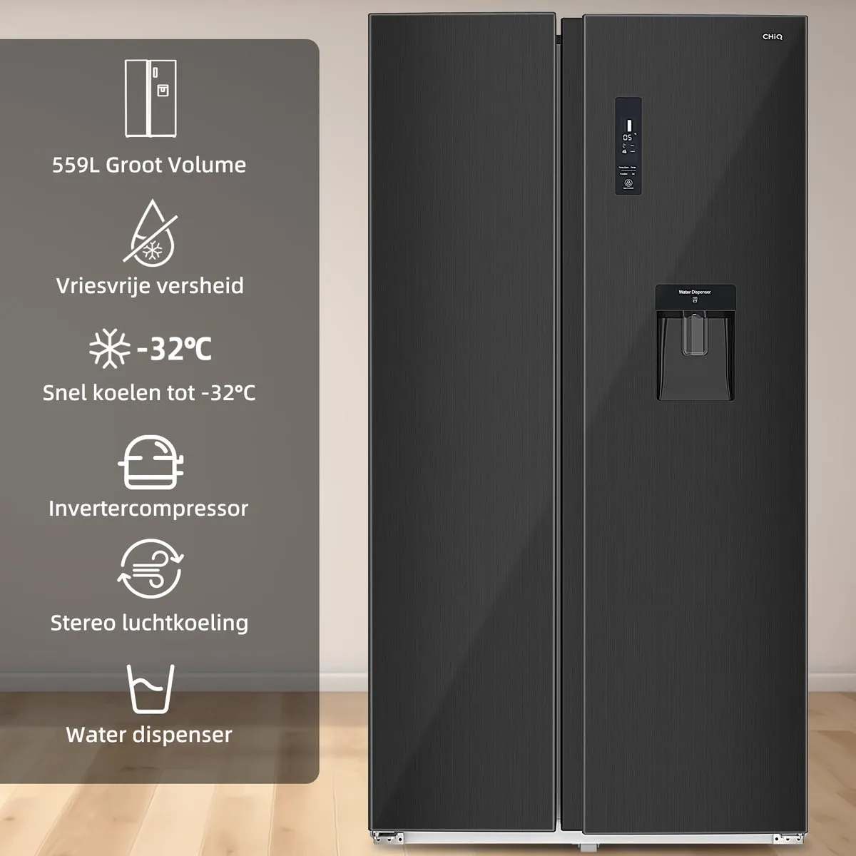 CHiQ FSS559NEI42D Amerikaanse Koelkast 559L - No Frost - 5,5L Waterdispenser