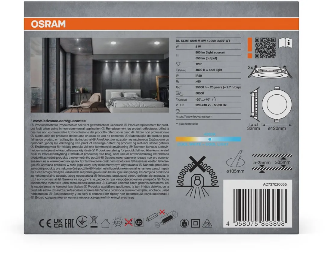 Osram Essential LED Inbouwspot 120mm 8W - 3 Stuks - Koel wit 4000K