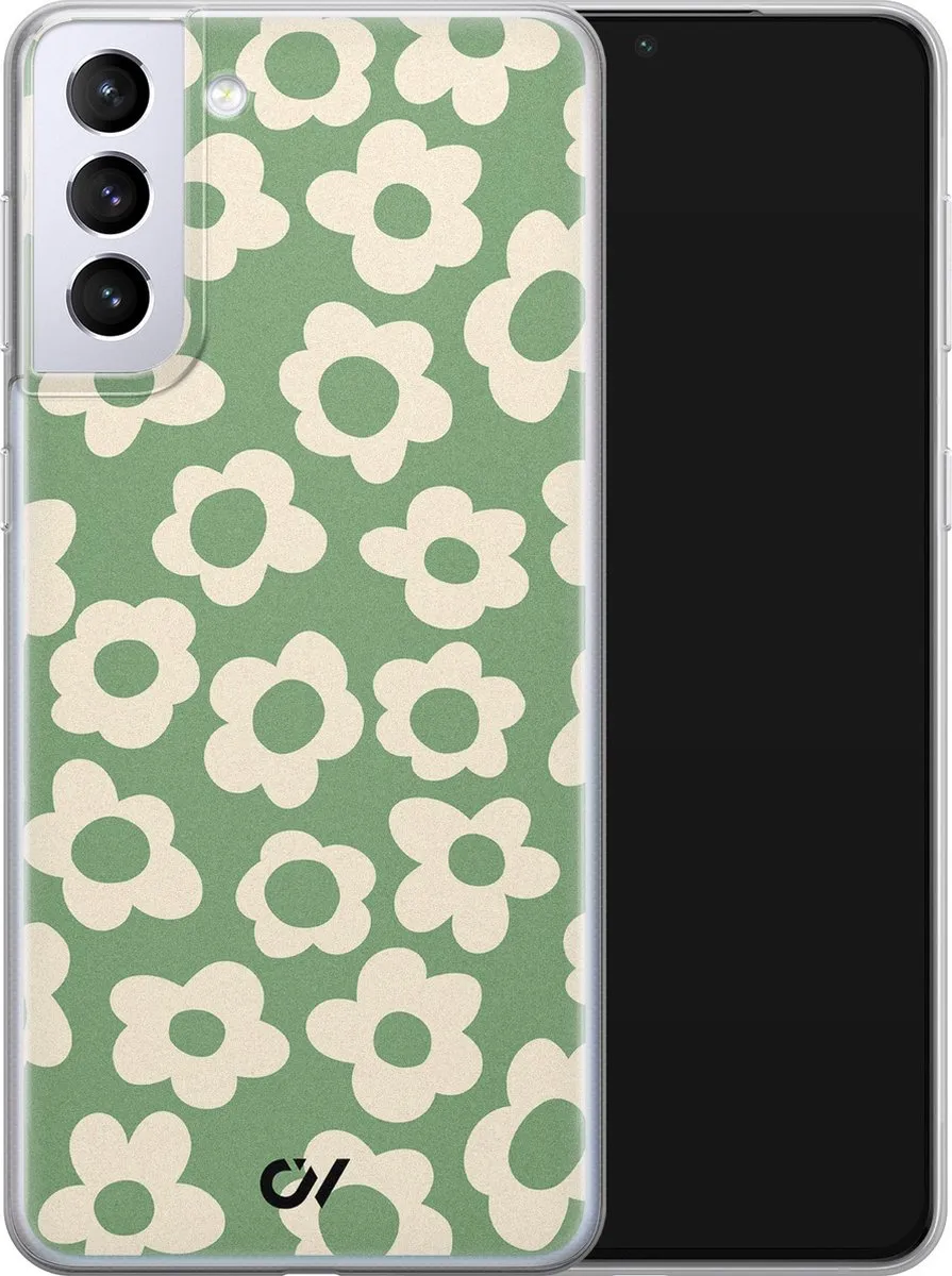 Casevibes Samsung Galaxy S21+ Hoesje - Groen Retro Cute Flowers