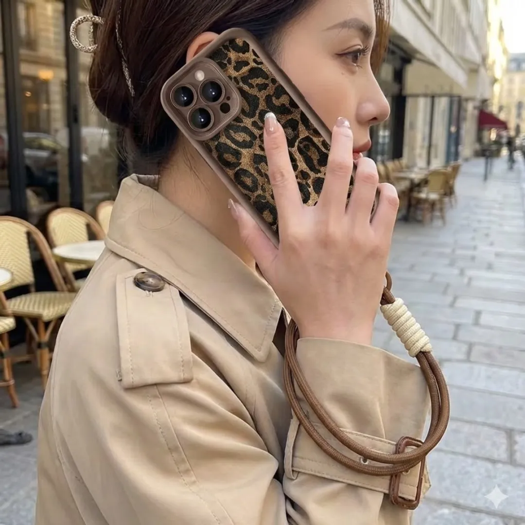 NUVEX iPhone 17 Pro Hoesje - Bruin Luipaard Print - Draagkoord