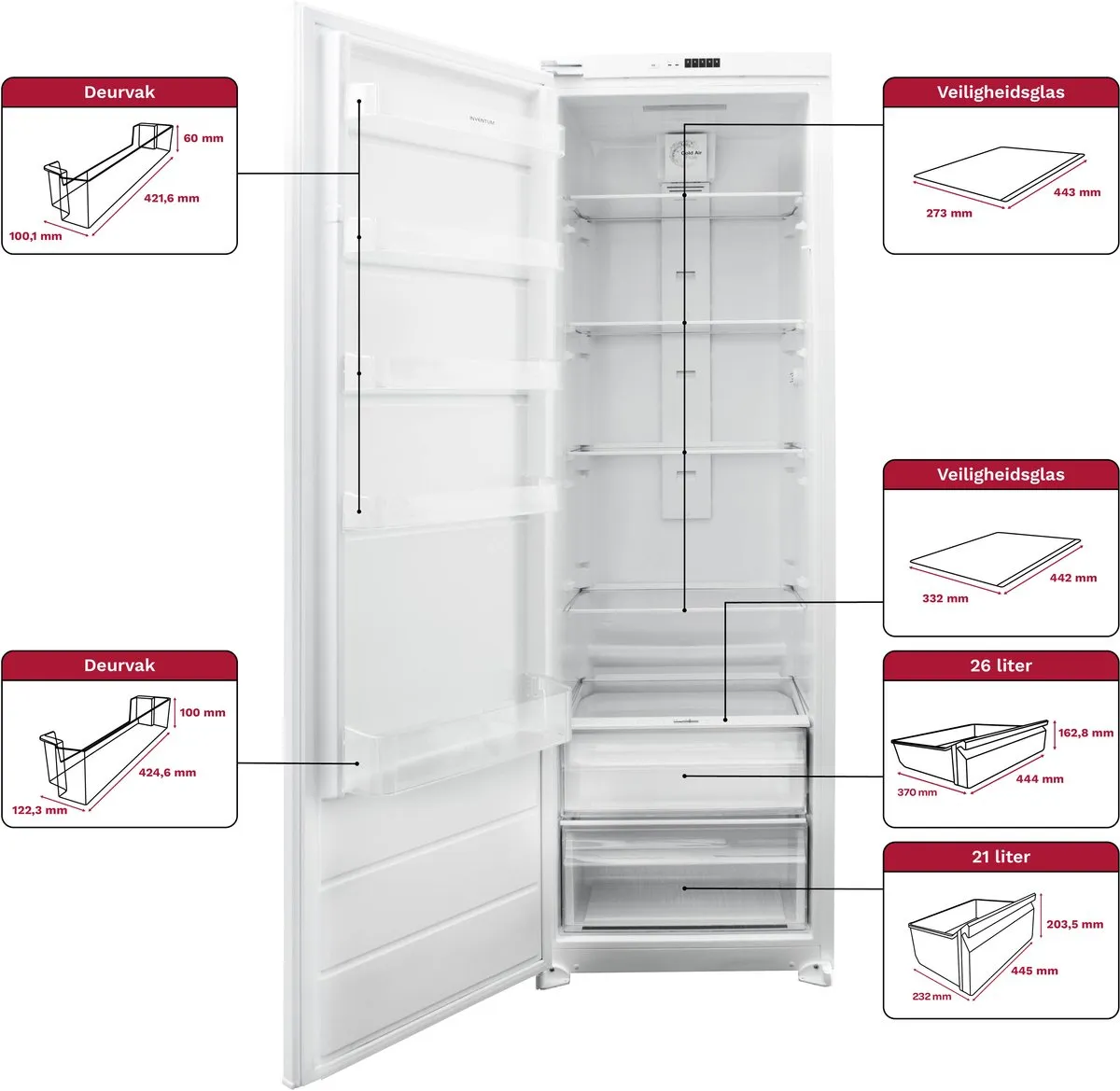 Inventum IKK1785S Inbouw Koelkast 294L - 5 Plateaus - 2 Groentelades - Wit