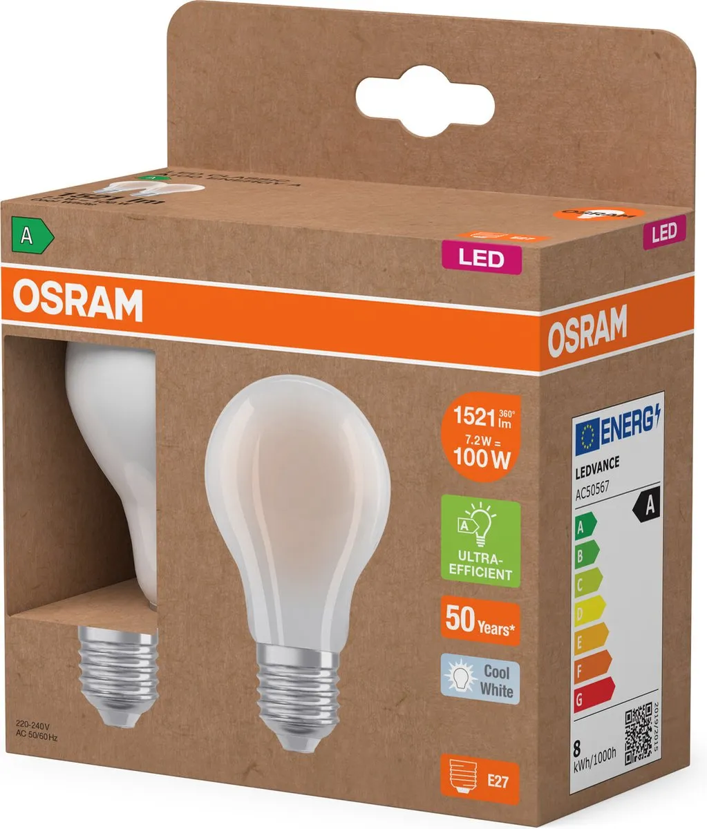 Osram Energy Class LED-lamp E27 7,2W 1521lm Koelwit - 2 Stuks - afbeelding 6 van 6