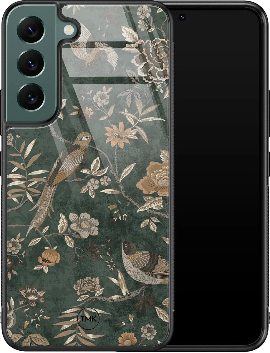 Casevibes Samsung Galaxy S22 Hoesje - Groen Khaki Golden Flowers