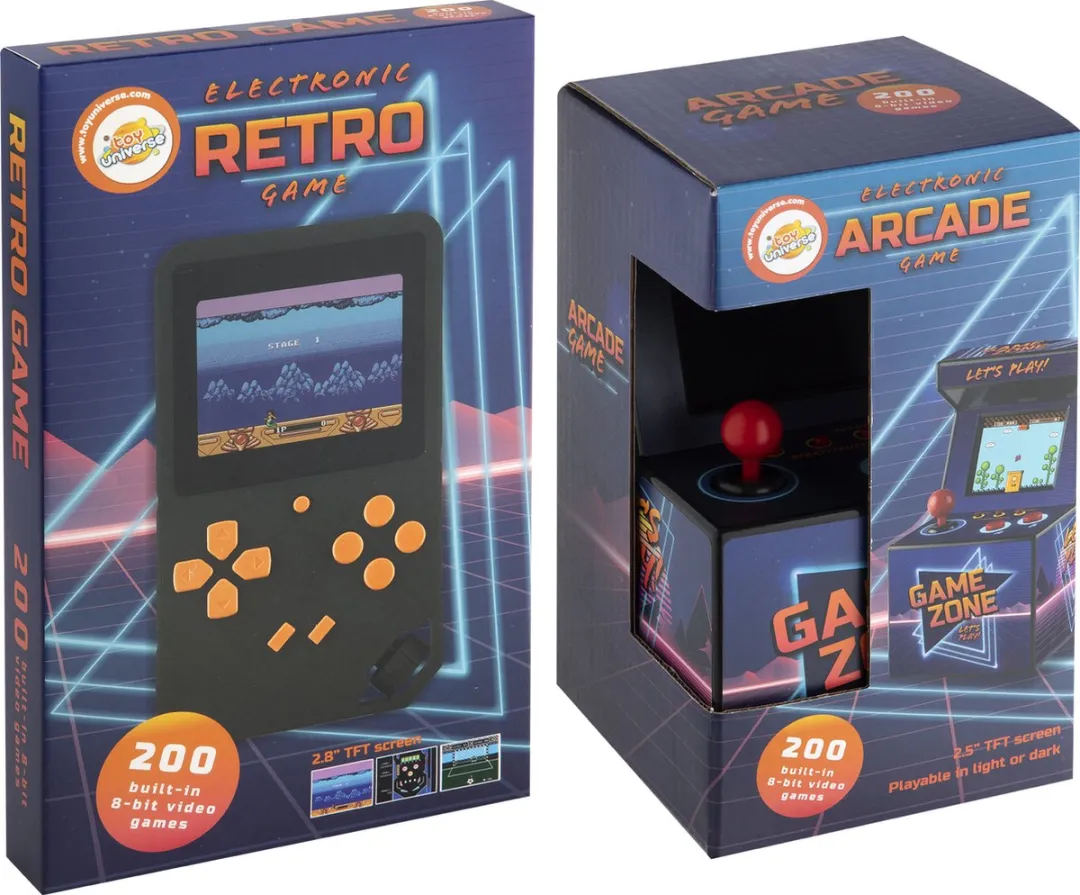 Toy Universe Retro Arcade Game 2-Pack – Handheld & Mini Arcade Console | 200 Ingebouwde 8-Bit Spellen | 2.5" & 2.8" TFT Schermen | Draagbare Game Consoles voor Jong en Oud | 2 Jaar Garantie