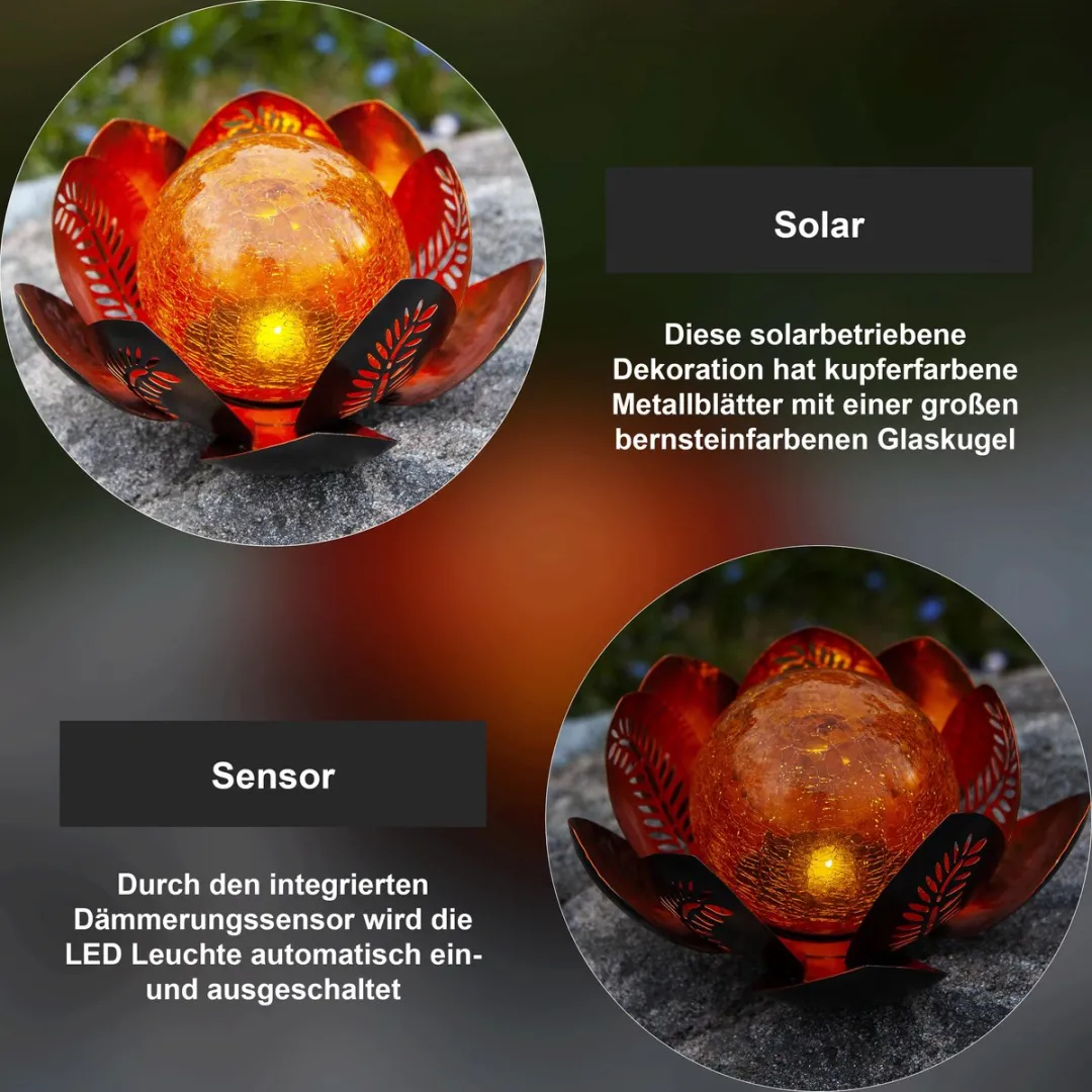 Star Trading Solar decoratie Lelie, LED, waterlelie, amberkleurig, voor buiten, metaal, schemersensor, glas, warm wit, 24 cm
