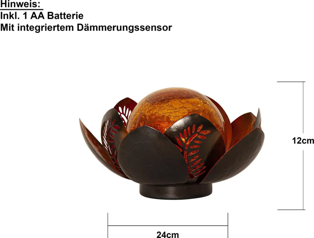 Star Trading Solar decoratie Lelie, LED, waterlelie, amberkleurig, voor buiten, metaal, schemersensor, glas, warm wit, 24 cm