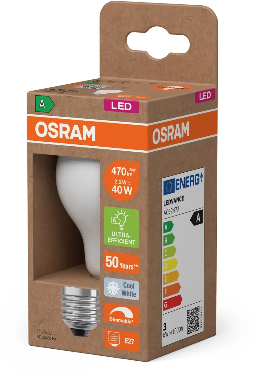 Osram Classic LED E27 Peer Filament Mat 2.2W 470lm - Koel wit 4000K - afbeelding 6 van 6